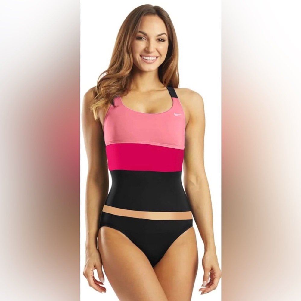 NWT Nike Women’s Essential Scoop Neck Colorblock Tankini Black/pink Size M